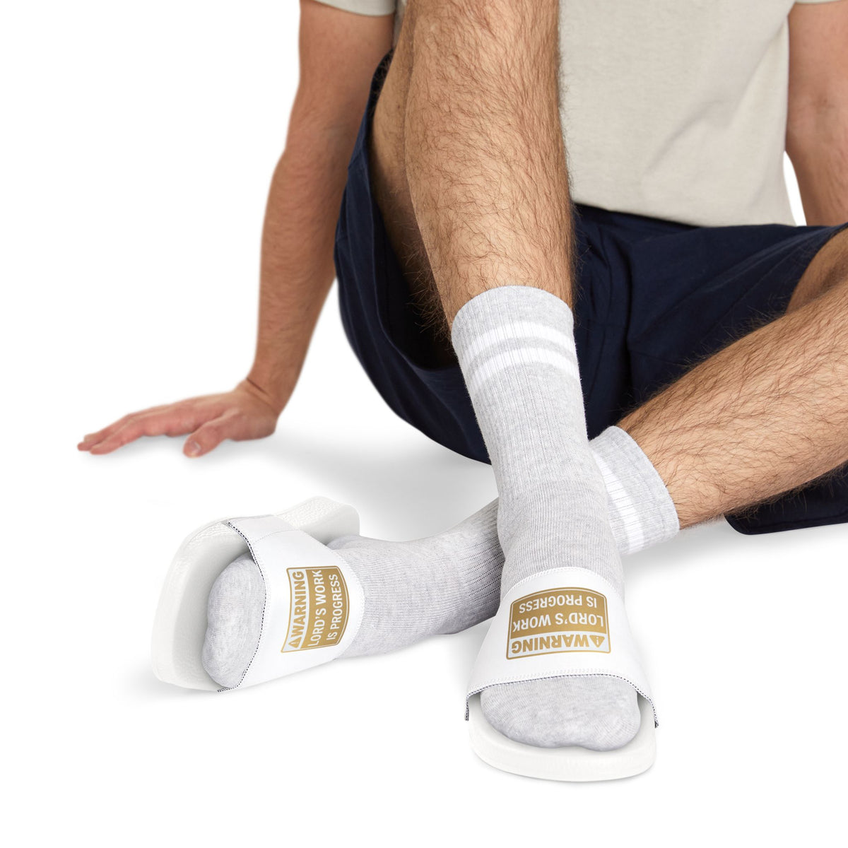 Men's White Slide Sandals — “Warning: Lord's Work Is Progress” Adjustable Strap
