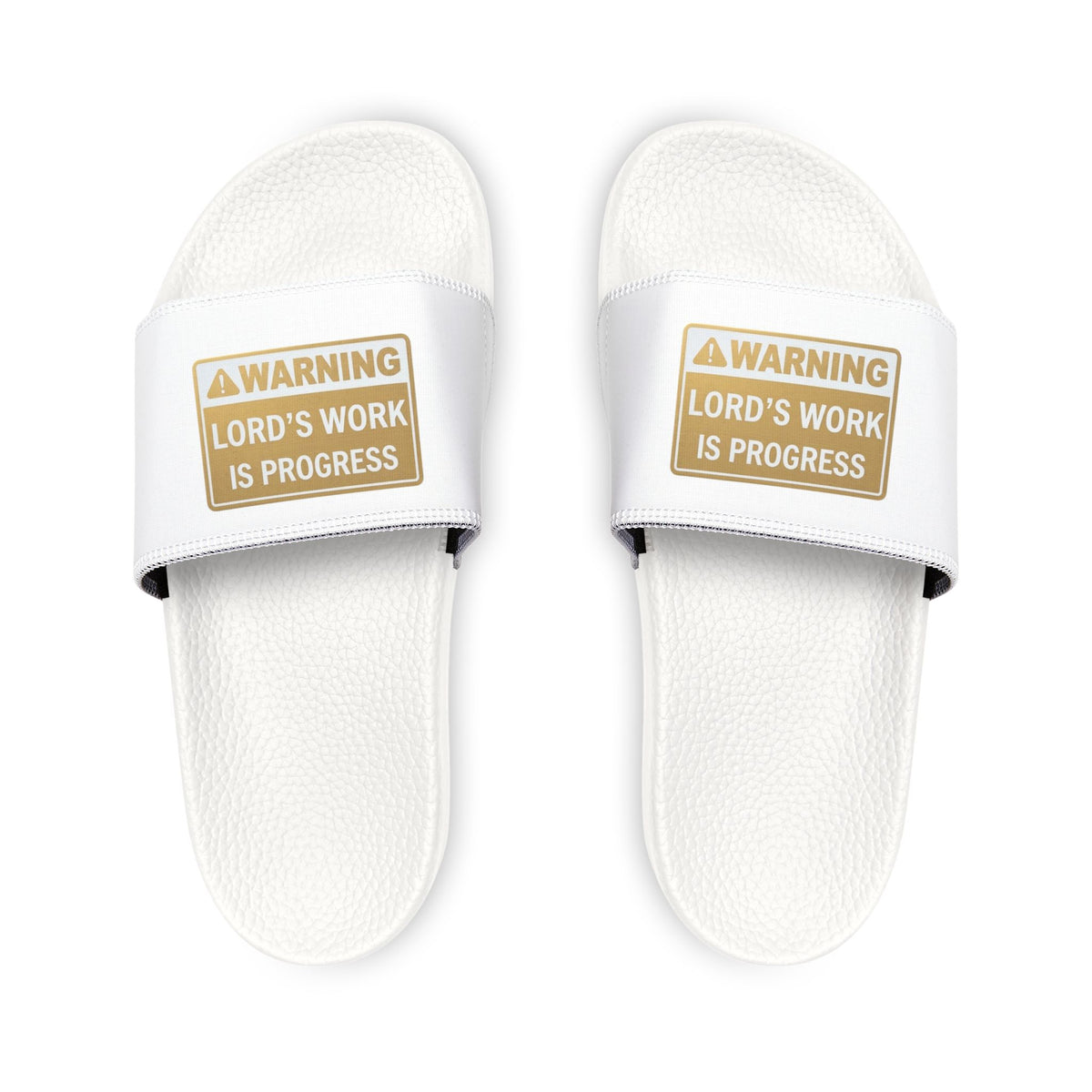 Men's White Slide Sandals — “Warning: Lord's Work Is Progress” Adjustable Strap