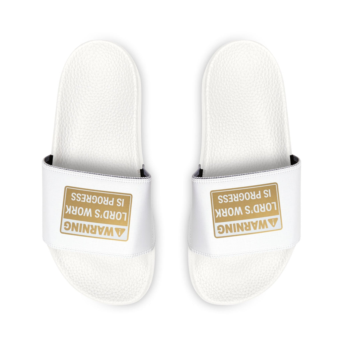 Men's White Slide Sandals — “Warning: Lord's Work Is Progress” Adjustable Strap